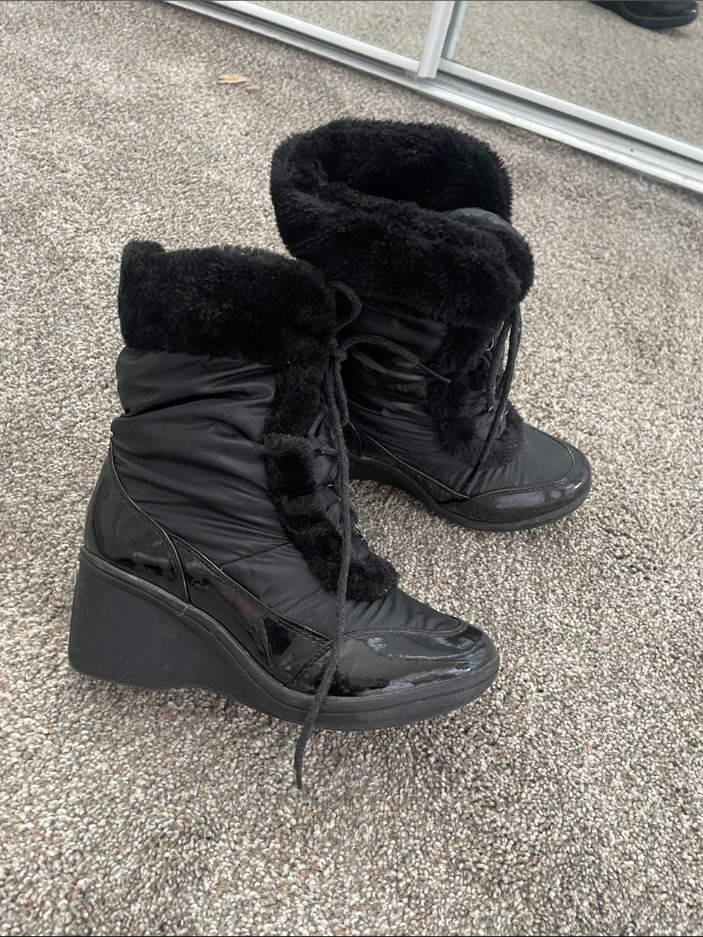 Black Faux Fur Wedge Winter Booties